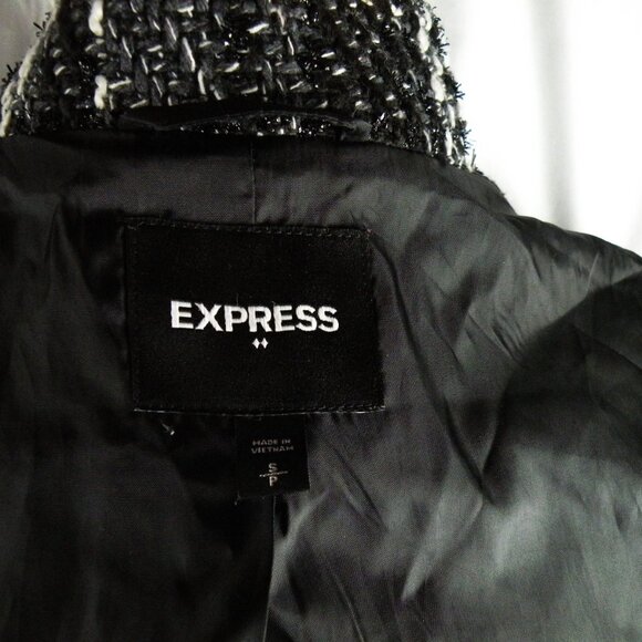 Express Tweed Plaid Collarless 1 Button Long Jacket Blazer Coat Small - Picture 8 of 8